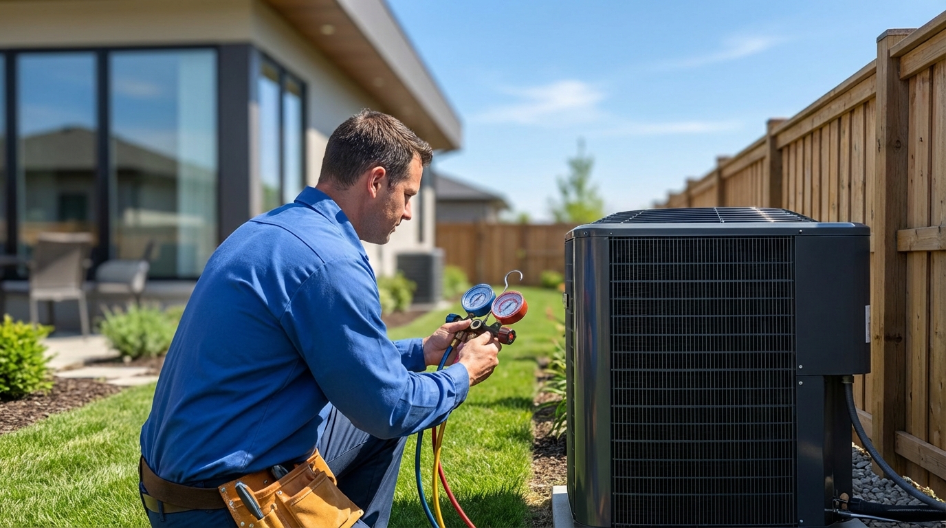 HVAC technician servicing air conditioning unit