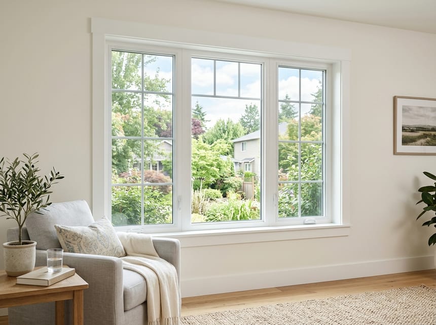 Energy-efficient replacement window in a bright living room